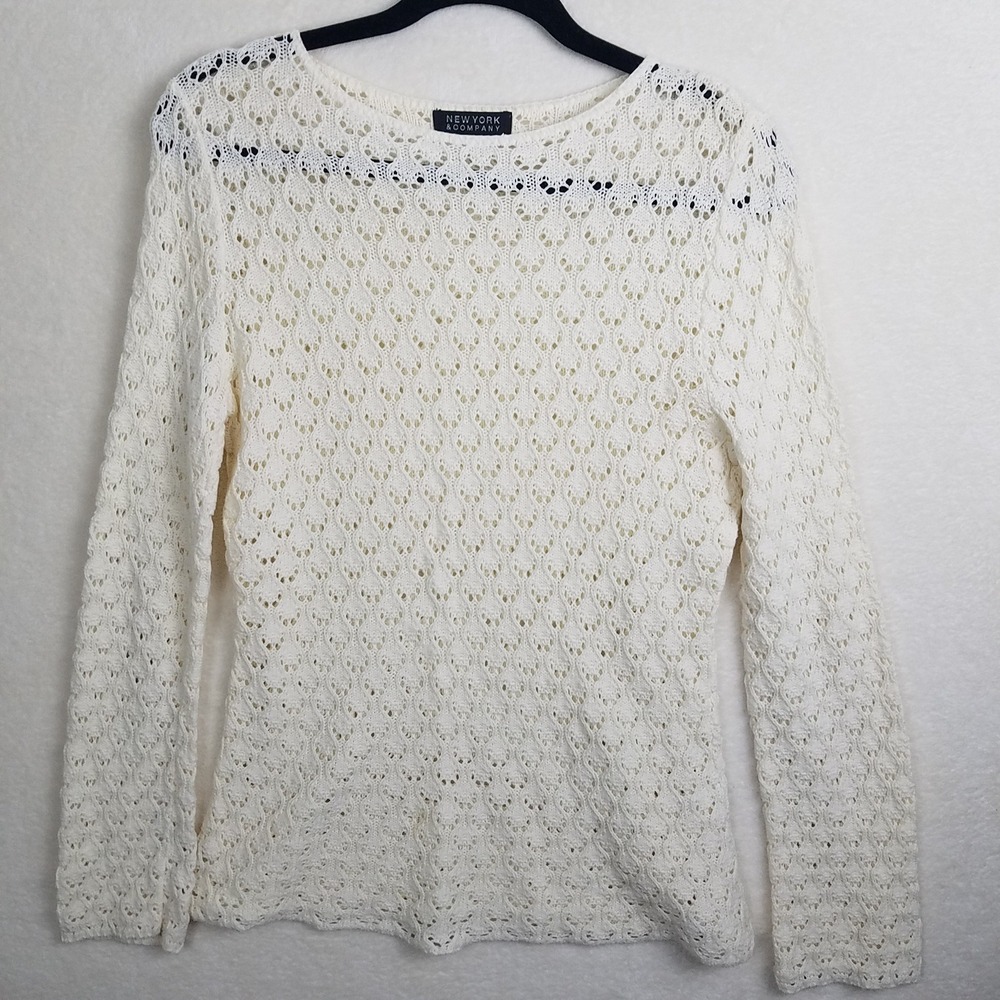 NEW YORK & COMPANY Women's M Ivory Crochet Knit Long Sleeve Sweater boho beachy